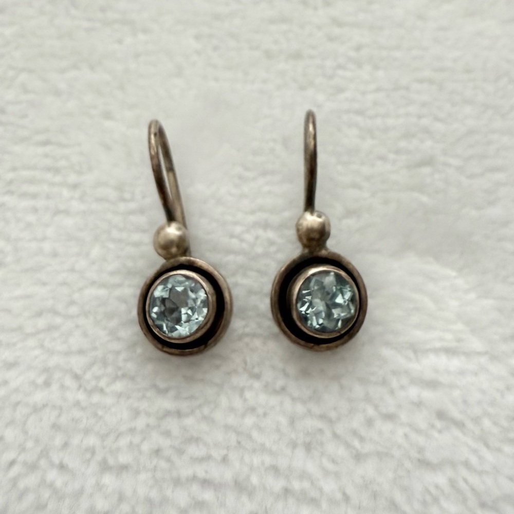 Vintage 925 Sterling Silver Blue Stone Drop Earrings Bezel Set Dangle